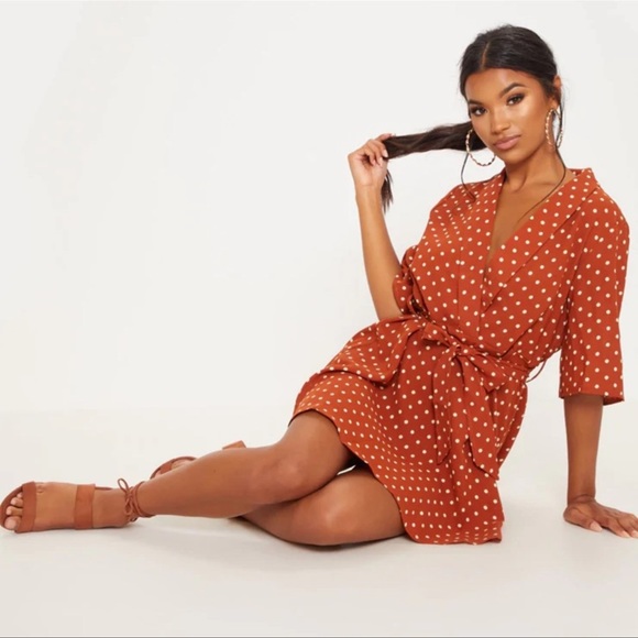 PrettyLittleThing Dresses & Skirts - PrettyLittleThing Terracotta Polka Dot Tea Dress